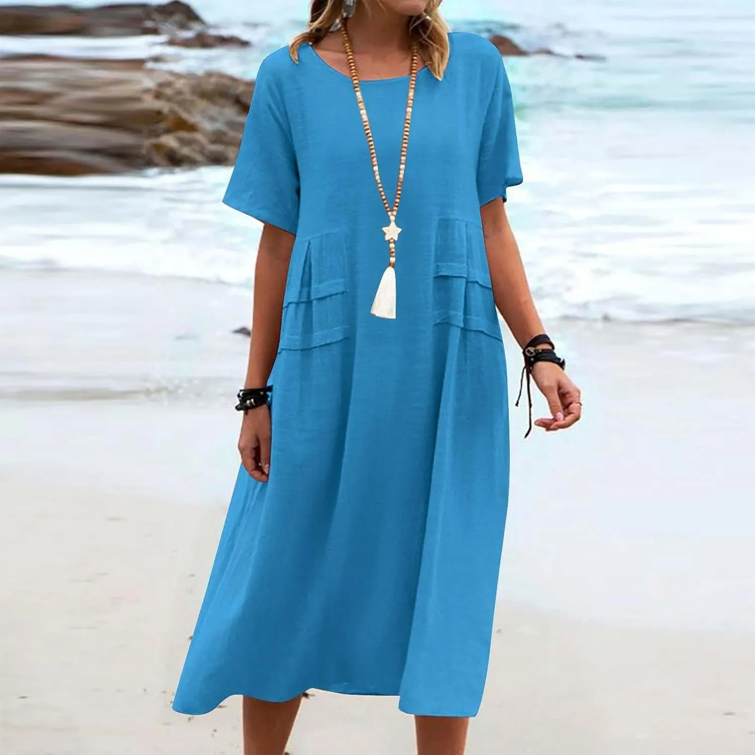 Long Dress for Women Cotton Linen Boho Flwoy Maxi Dress Short Sleeve Crewneck Loose Casual Beach Summer Sundress