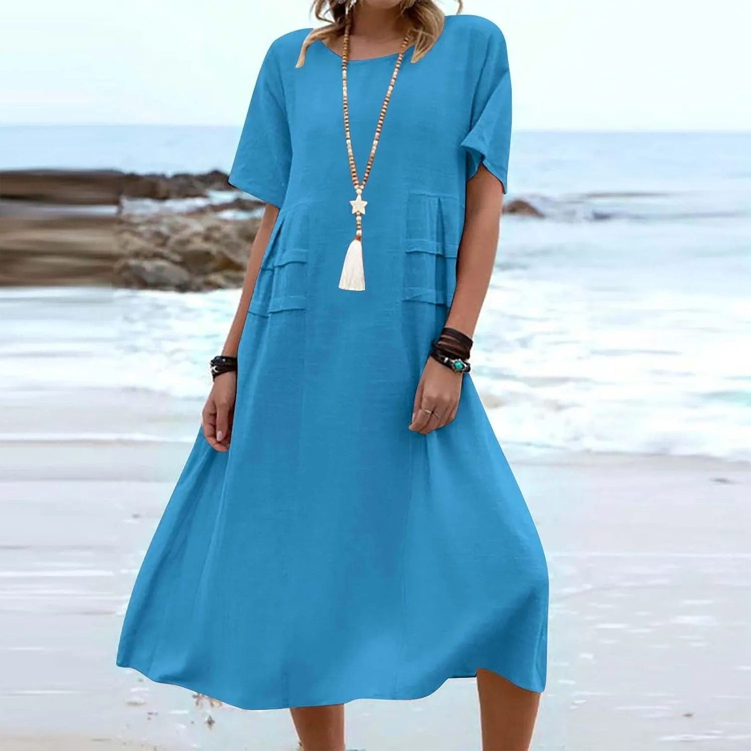 Long Dress for Women Cotton Linen Boho Flwoy Maxi Dress Short Sleeve Crewneck Loose Casual Beach Summer Sundress