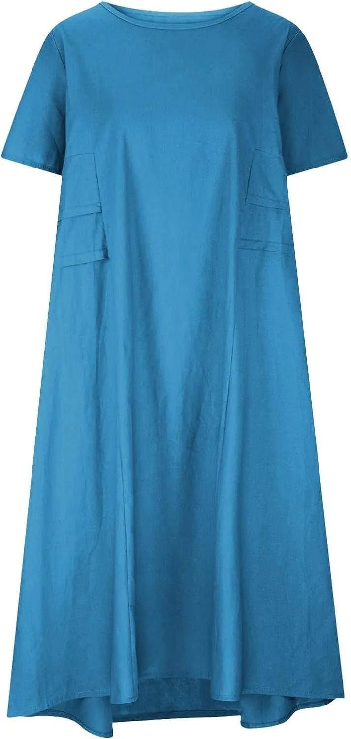 Long Dress for Women Cotton Linen Boho Flwoy Maxi Dress Short Sleeve Crewneck Loose Casual Beach Summer Sundress