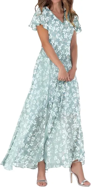 Long Floral Chiffon Dresses for Women Ruffle Cap Sleeve V Neck Flowy Pleated Sundress Summer Casual Dress 2025