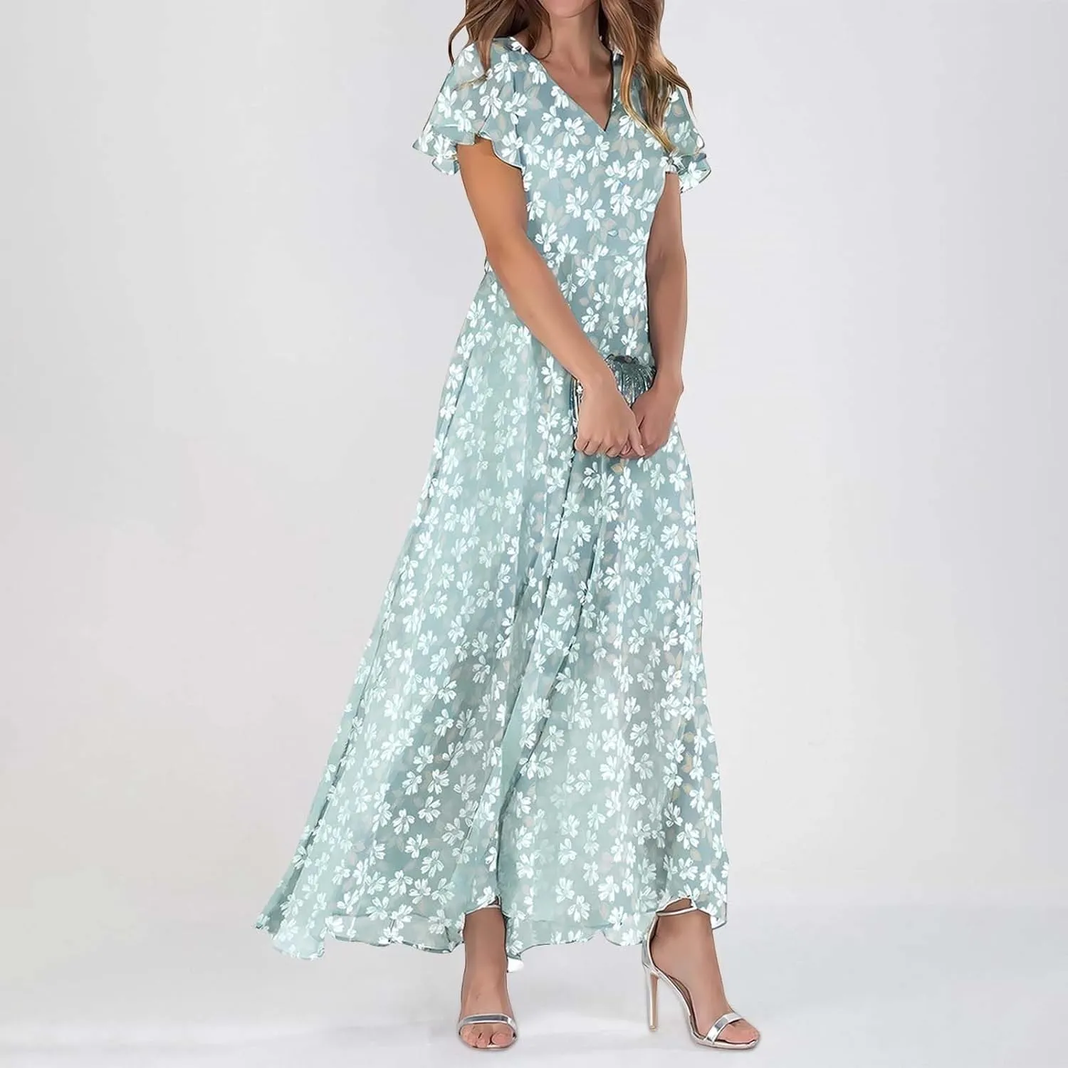 Long Floral Chiffon Dresses for Women Ruffle Cap Sleeve V Neck Flowy Pleated Sundress Summer Casual Dress 2025
