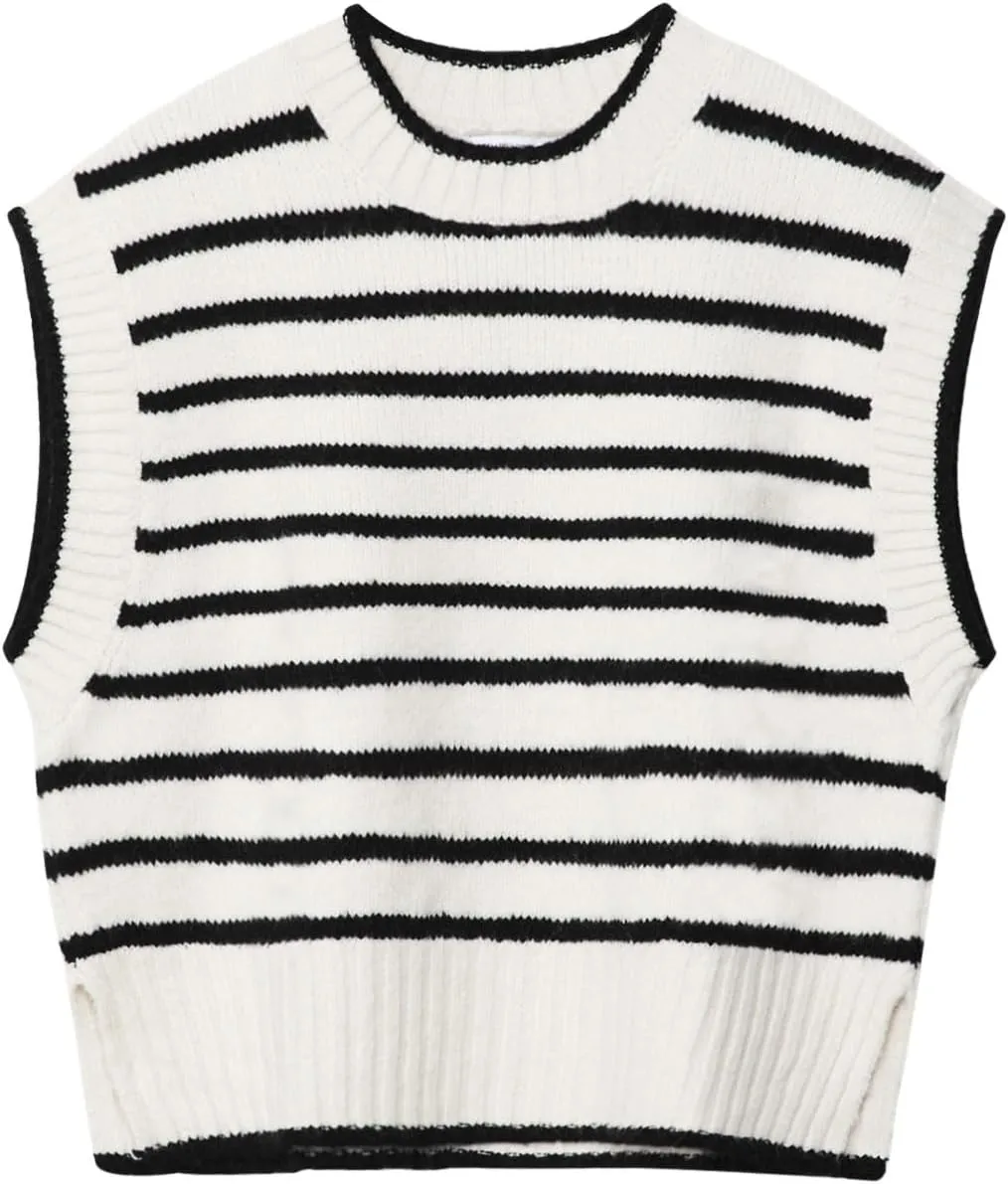 Lueluoye Sweater Vest for Women 2024 Crew Neck Cap Sleeve Tops Striped Knit Tank Top S-2XL