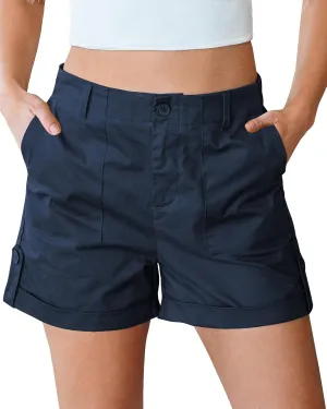 luvamia Shorts for Women High Waisted Dressy Casual Summer Elastic Waist Comfy Rolled Hem Stretch Twill Pocket Shorts