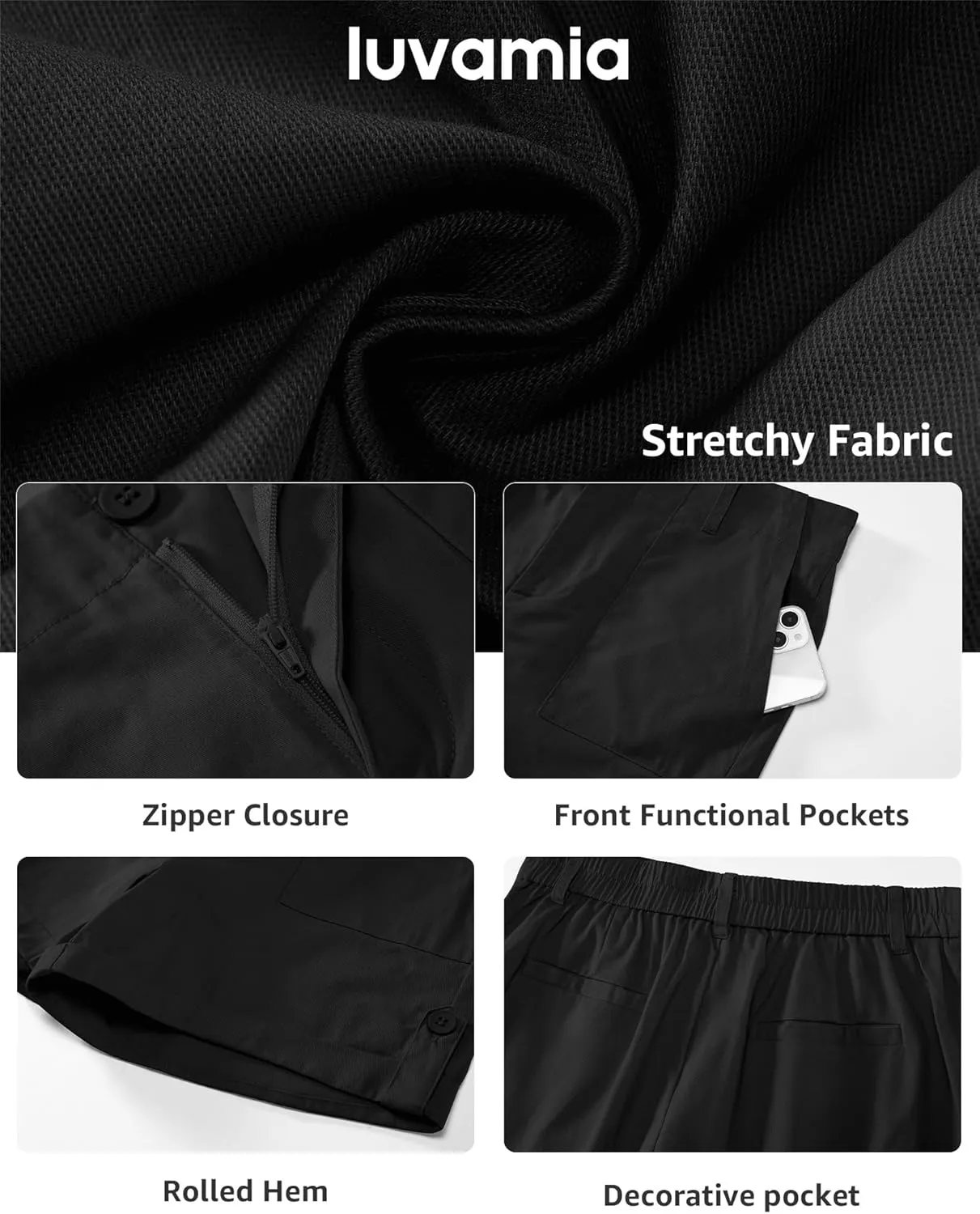 luvamia Shorts for Women High Waisted Dressy Casual Summer Elastic Waist Comfy Rolled Hem Stretch Twill Pocket Shorts