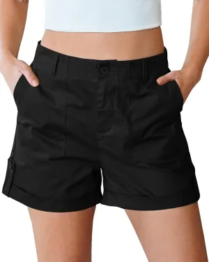 luvamia Shorts for Women High Waisted Dressy Casual Summer Elastic Waist Comfy Rolled Hem Stretch Twill Pocket Shorts