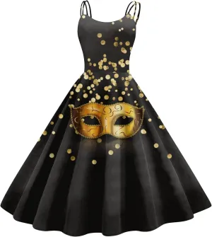 Mardi Gras Dress for Women Carnival Print Sexy Spaghetti Strap Cocktail Punk Vintage A-Line Swing Midi Dresses
