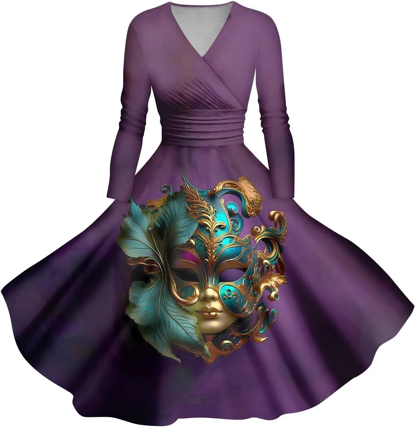 Mardi Gras Dress for Women V Neck Long Sleeve Carnival Printed Empire Waist Wrap Pleated Midi Dresses