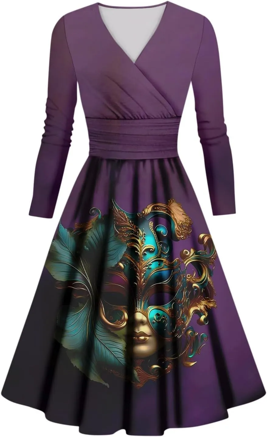 Mardi Gras Dress for Women V Neck Long Sleeve Carnival Printed Empire Waist Wrap Pleated Midi Dresses