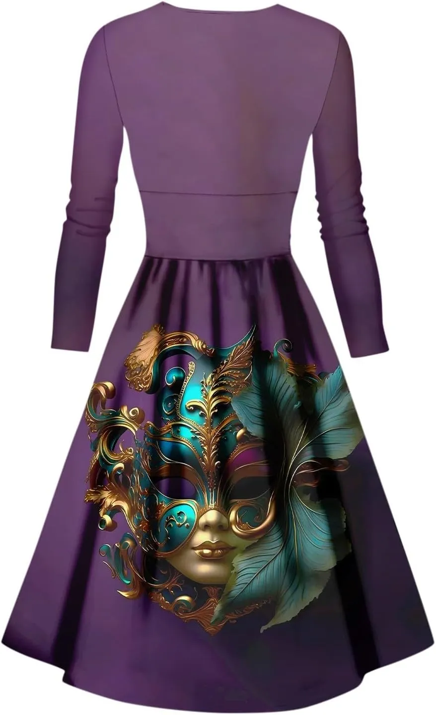 Mardi Gras Dress for Women V Neck Long Sleeve Carnival Printed Empire Waist Wrap Pleated Midi Dresses