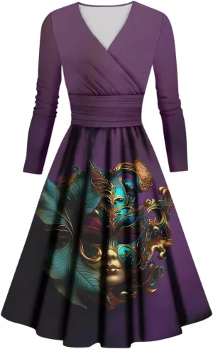 Mardi Gras Dress for Women V Neck Long Sleeve Carnival Printed Empire Waist Wrap Pleated Midi Dresses