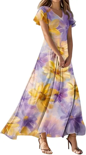 Maxi Dresses for Women 2025 Summer Ruffle Short Sleeve Floral Dress Flowy V Neck Spring Chiffon Maxi Dress Print Long Skirt