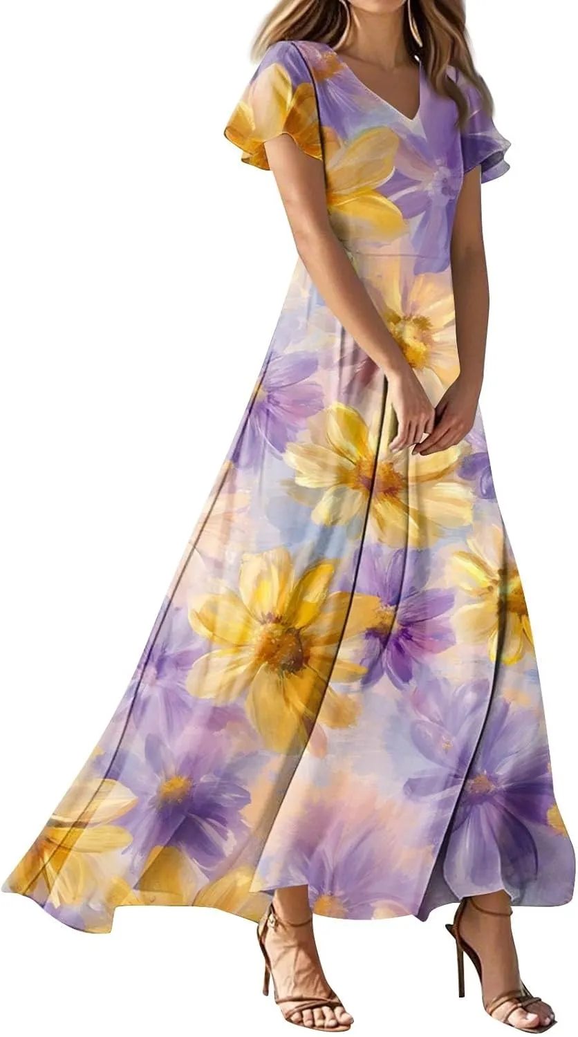 Maxi Dresses for Women 2025 Summer Ruffle Short Sleeve Floral Dress Flowy V Neck Spring Chiffon Maxi Dress Print Long Skirt