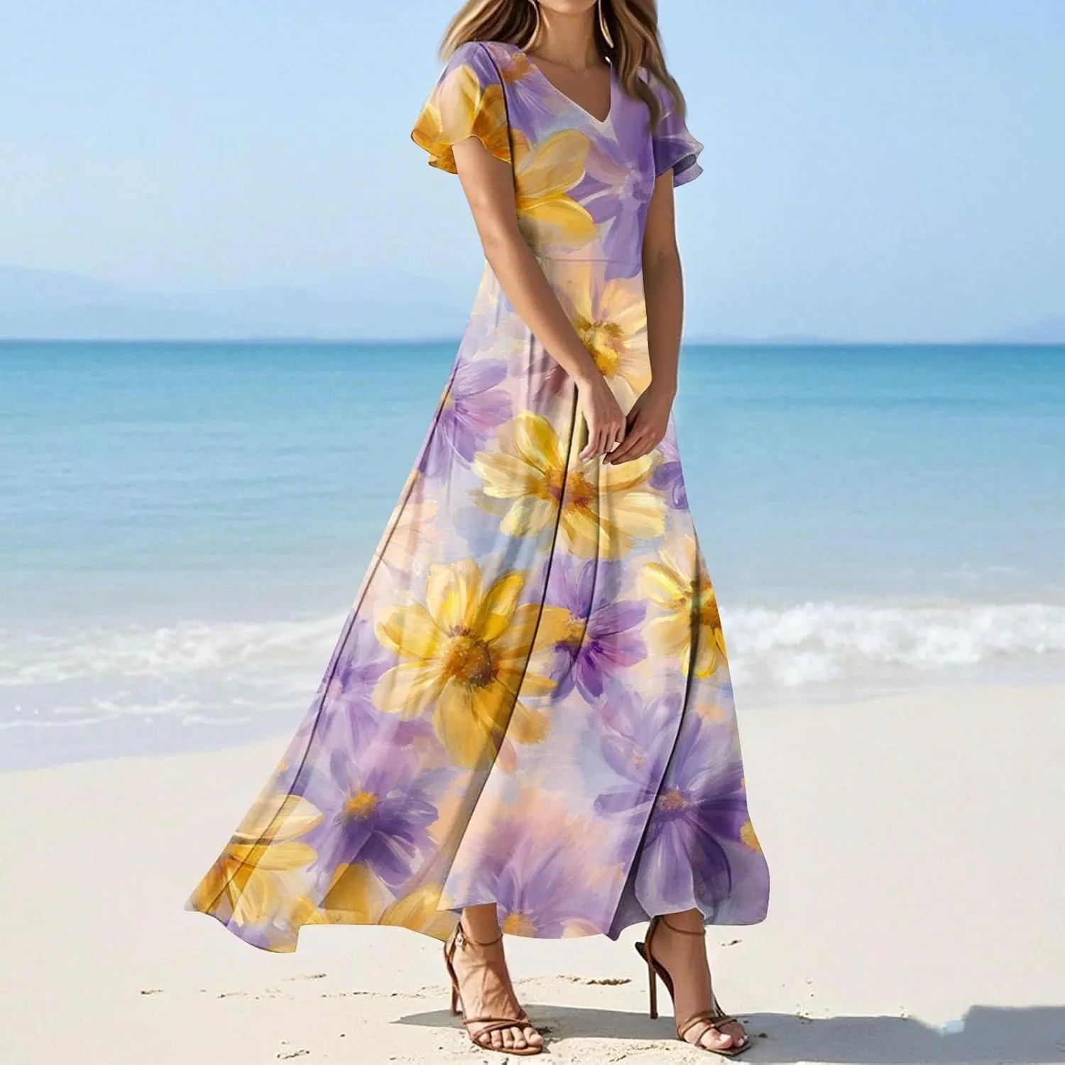 Maxi Dresses for Women 2025 Summer Ruffle Short Sleeve Floral Dress Flowy V Neck Spring Chiffon Maxi Dress Print Long Skirt