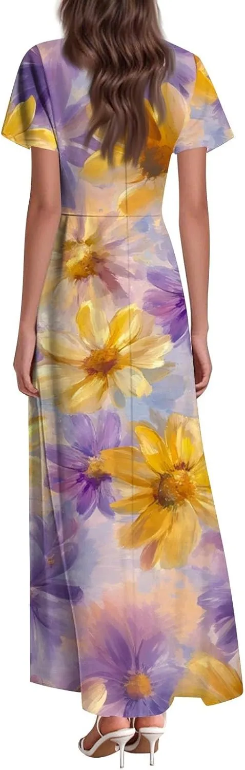 Maxi Dresses for Women 2025 Summer Ruffle Short Sleeve Floral Dress Flowy V Neck Spring Chiffon Maxi Dress Print Long Skirt