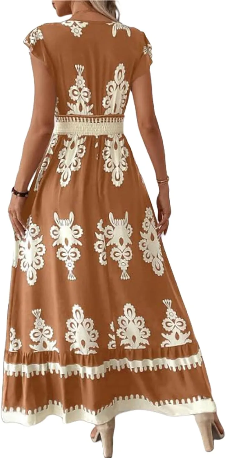 Maxi Dresses for Women Boho High Waisted Flowy A Line Long Dress Summer Casual Cap Sleeve V Neck Sundress