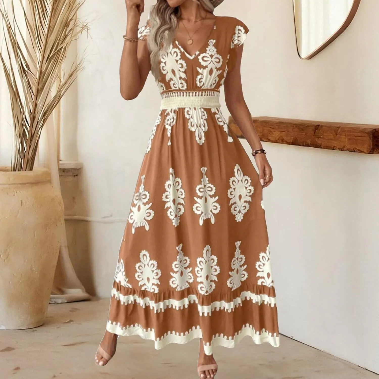 Maxi Dresses for Women Boho High Waisted Flowy A Line Long Dress Summer Casual Cap Sleeve V Neck Sundress