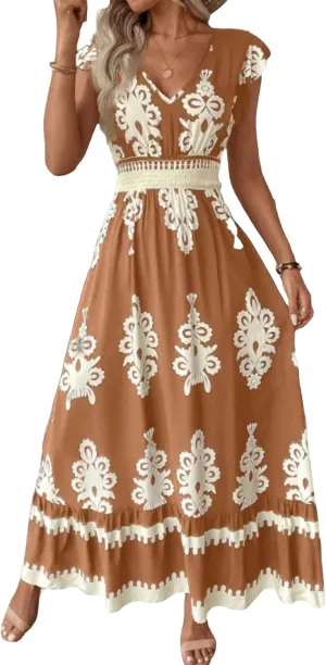 Maxi Dresses for Women Boho High Waisted Flowy A Line Long Dress Summer Casual Cap Sleeve V Neck Sundress