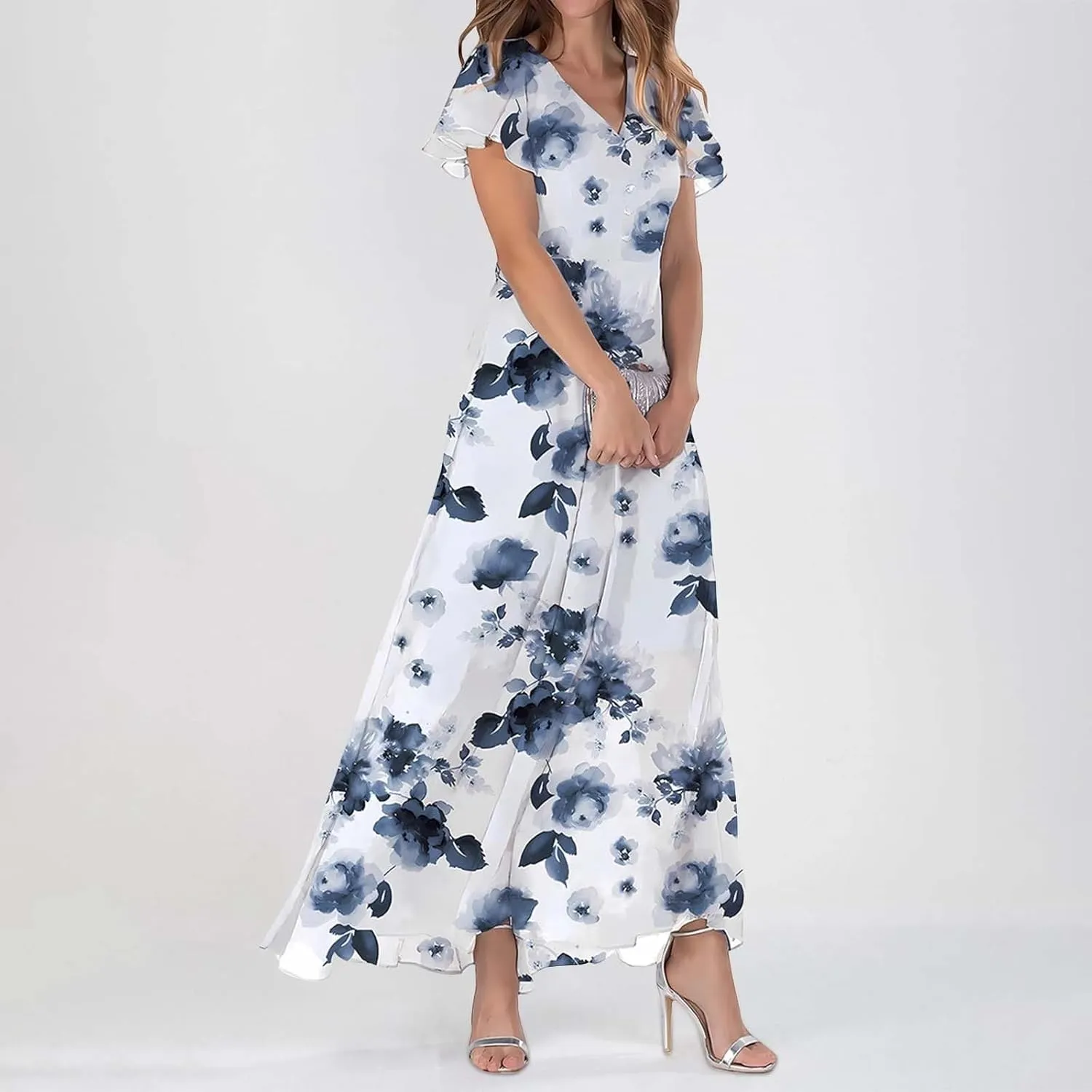 Maxi Dresses for Women plus Size Floral V Neck Short Sleeved Long Dress Summer Dresses for Women Beach with Sleeves