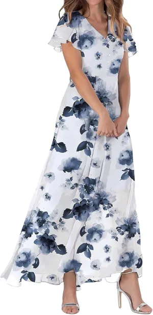 Maxi Dresses for Women plus Size Floral V Neck Short Sleeved Long Dress Summer Dresses for Women Beach with Sleeves