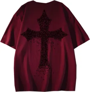 Men Y2K Goth T-Shirt Grunge Cross Graphic Tees Emo Alt Short Sleeve Shirt Oversize Harajuku Punk Blouse Top Clothes