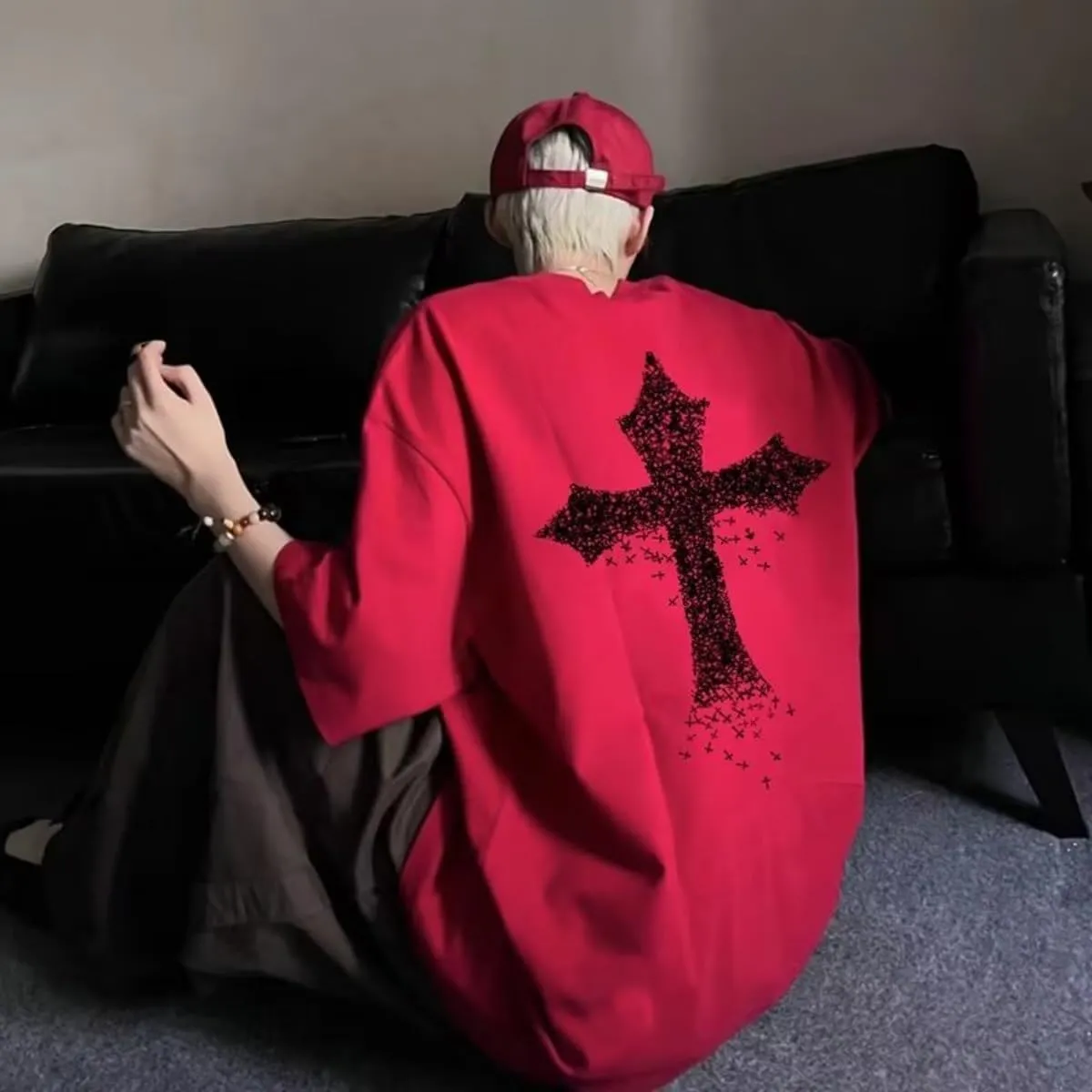 Men Y2K Goth T-Shirt Grunge Cross Graphic Tees Emo Alt Short Sleeve Shirt Oversize Harajuku Punk Blouse Top Clothes