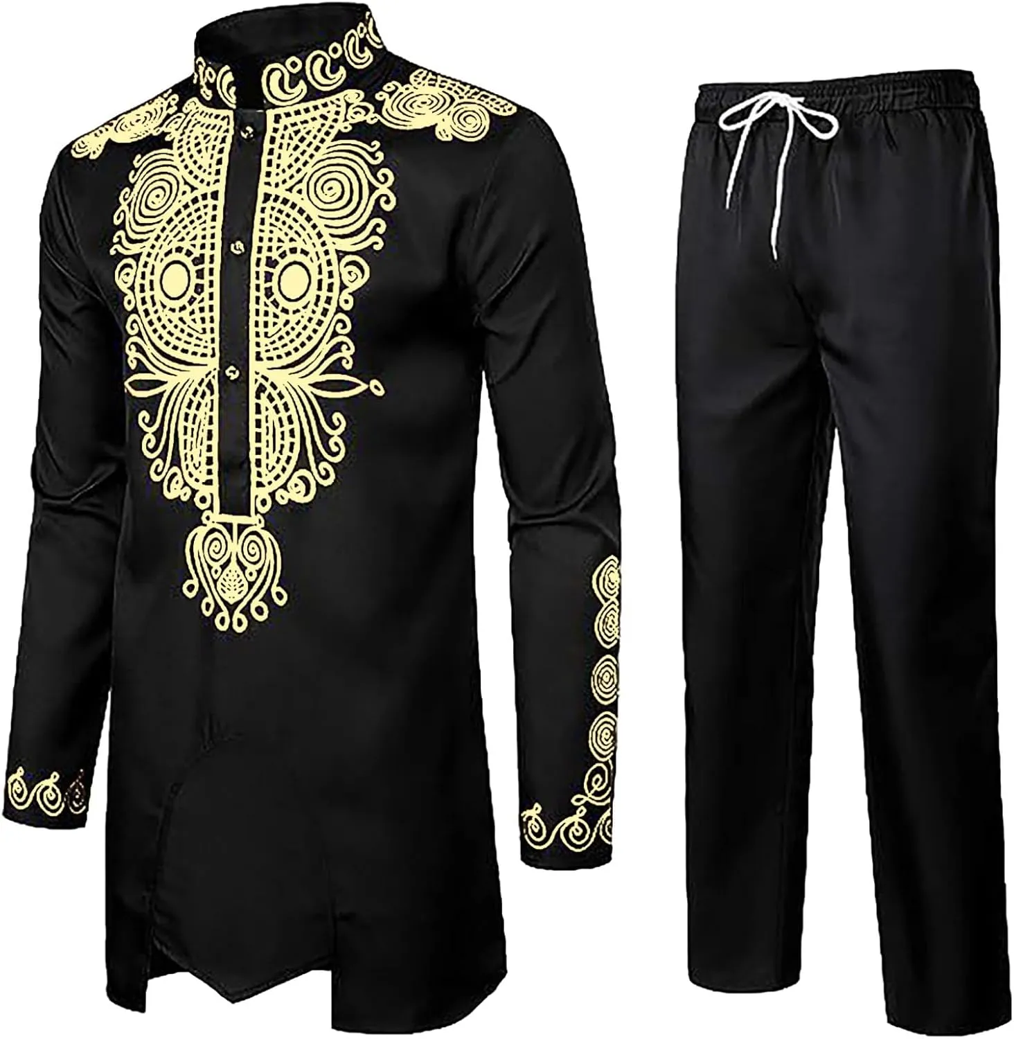 Men's Africa Suit Retro Long Sleeve Graphic Musilm Thobe and Pants Outfit Middle East Islamic Traditional 2 Piece Set