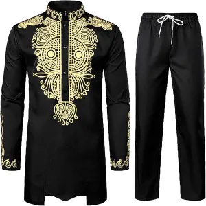 Men's Africa Suit Retro Long Sleeve Graphic Musilm Thobe and Pants Outfit Middle East Islamic Traditional 2 Piece Set