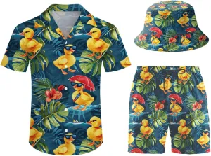 Men's Button Shirt Beach Shorts Set, Hawaiian Short Sleeve Shirt Quick Dry Beach Shorts 2 Pcs with Bucket Hat