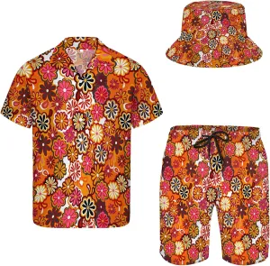 Men's Button Shirt Beach Shorts Set, Hawaiian Short Sleeve Shirt Quick Dry Beach Shorts 2 Pcs with Bucket Hat