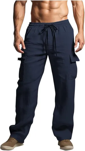 Mens Cotton Linen Pants Elastic Waist Loose Fit Lounge Beach Cargo Pants Casual Lightweight Trouser with Pockets