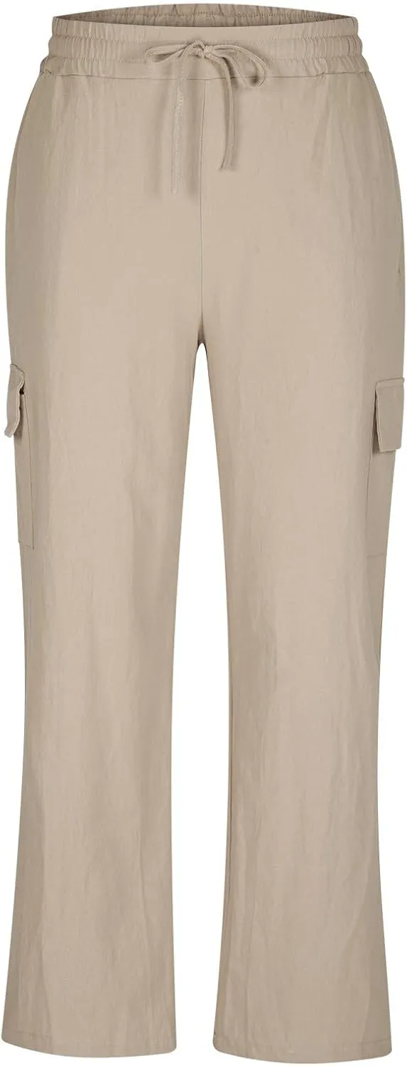 Mens Cotton Linen Pants Elastic Waist Loose Fit Lounge Beach Cargo Pants Casual Lightweight Trouser with Pockets