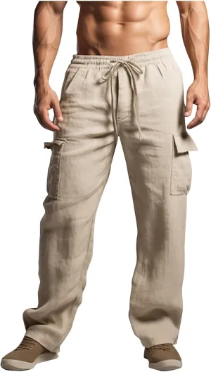 Mens Cotton Linen Pants Elastic Waist Loose Fit Lounge Beach Cargo Pants Casual Lightweight Trouser with Pockets