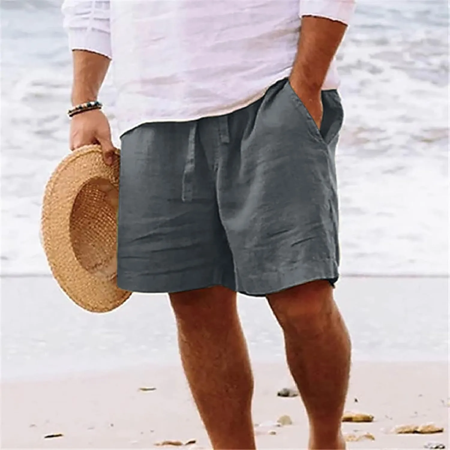 Mens Cotton Linen Shorts - White, Sleeveless, Elastic Waistband, Loose Fit, 11 Inch Inseam