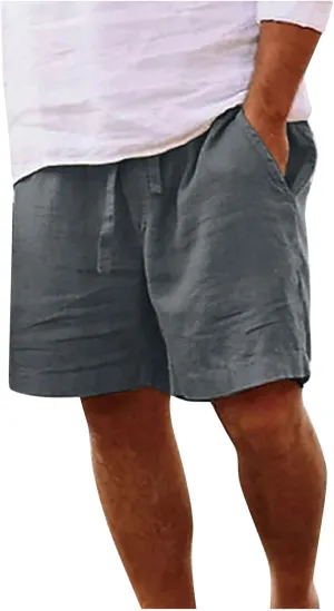 Mens Cotton Linen Shorts - White, Sleeveless, Elastic Waistband, Loose Fit, 11 Inch Inseam