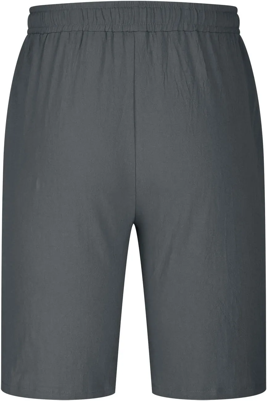 Mens Cotton Linen Shorts - White, Sleeveless, Elastic Waistband, Loose Fit, 11 Inch Inseam