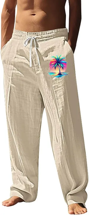 Mens Graphic Pants Summer Sun Palm Tree Print Slacks Drawstring Waist Beach Vacation PantsLightweight Casual Trousers