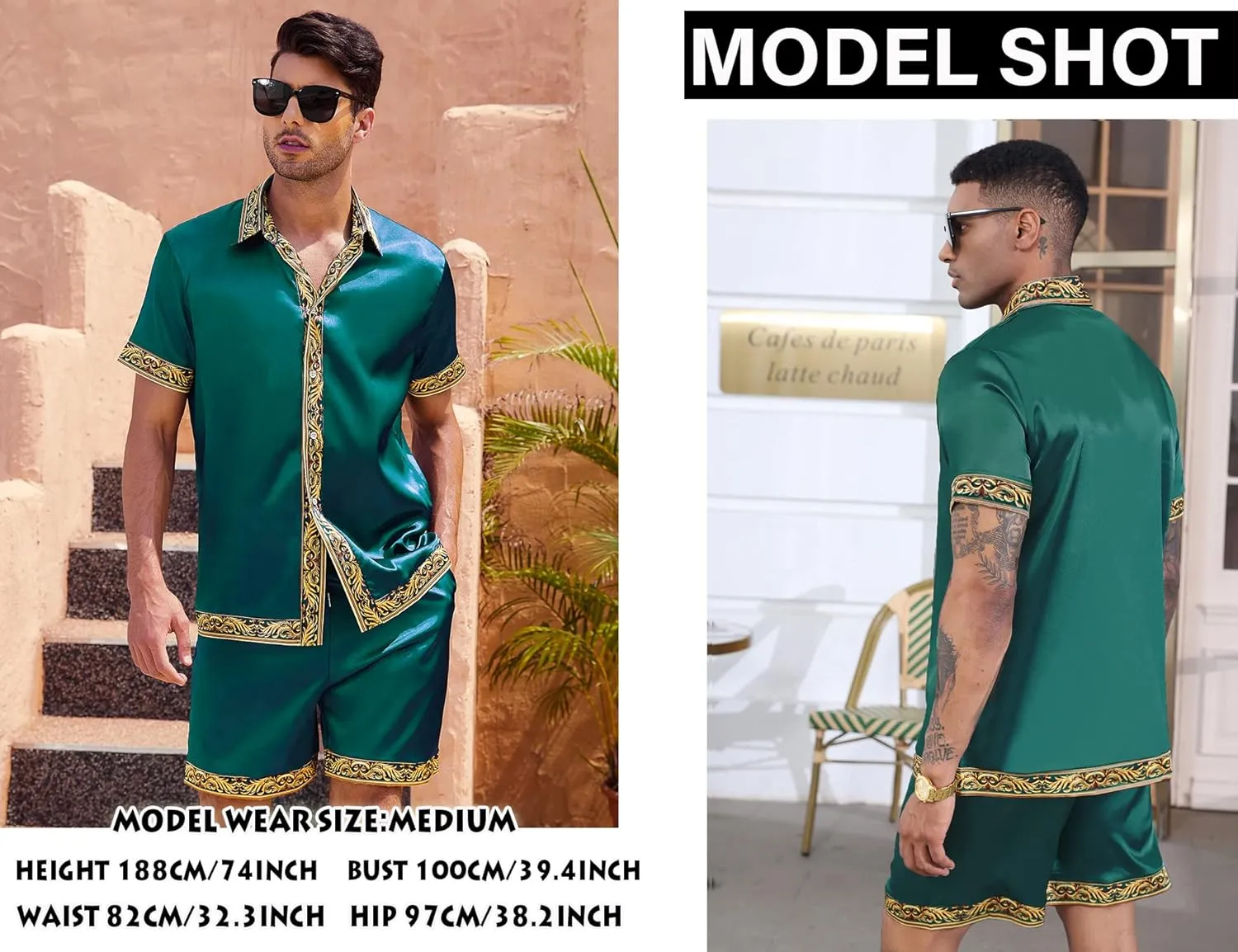 Men's Hawaiian Shirt and Short Set 2 Piece Outfits Luxury Printed Casual Button Down Short Sleeve Satin Shirt Suits