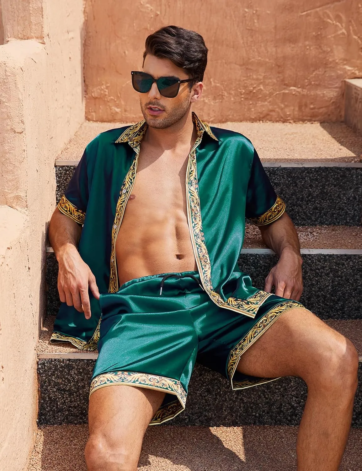 Men's Hawaiian Shirt and Short Set 2 Piece Outfits Luxury Printed Casual Button Down Short Sleeve Satin Shirt Suits