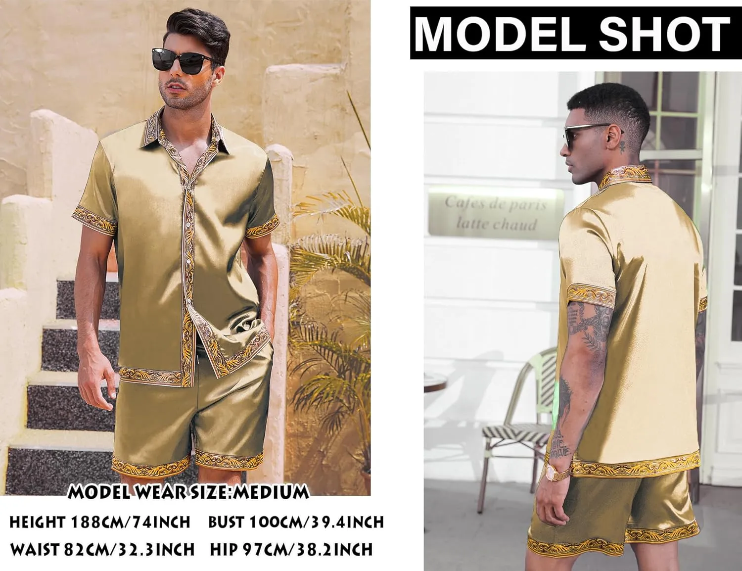 Men's Hawaiian Shirt and Short Set 2 Piece Outfits Luxury Printed Casual Button Down Short Sleeve Satin Shirt Suits