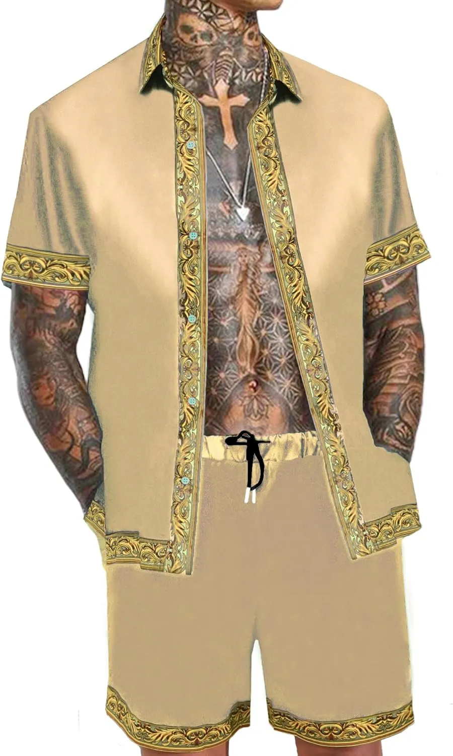 Men's Hawaiian Shirt and Short Set 2 Piece Outfits Luxury Printed Casual Button Down Short Sleeve Satin Shirt Suits