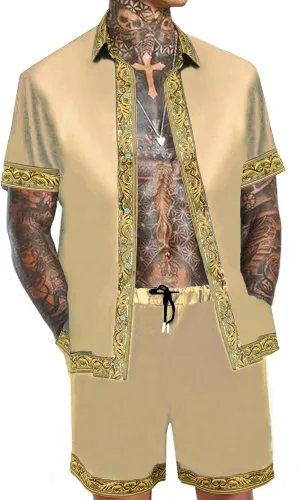 Men's Hawaiian Shirt and Short Set 2 Piece Outfits Luxury Printed Casual Button Down Short Sleeve Satin Shirt Suits
