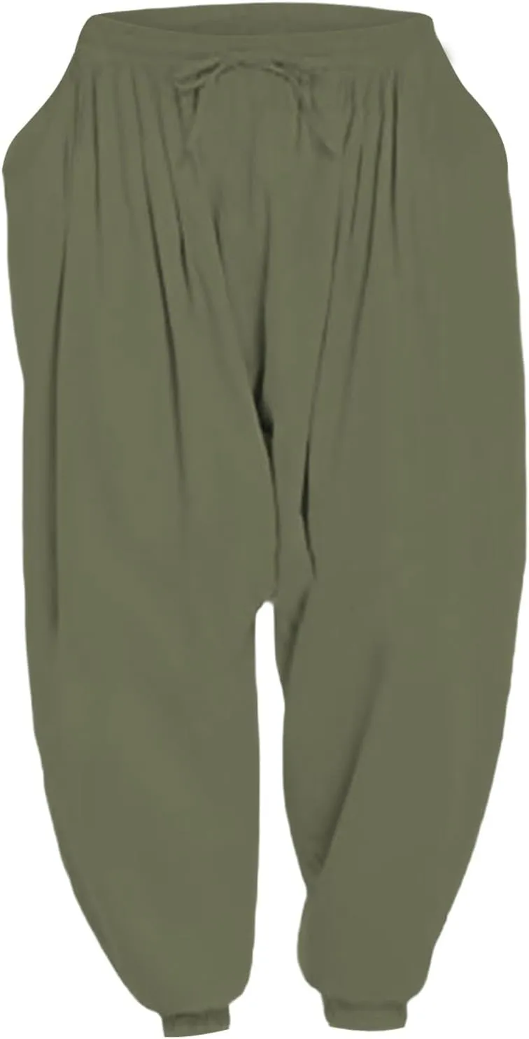 Men's Linen Pants Plain Loose Fit Tapered Slacks Lightweight Vacation Pants Drawstring Waist Yoga Trousers for Summer
