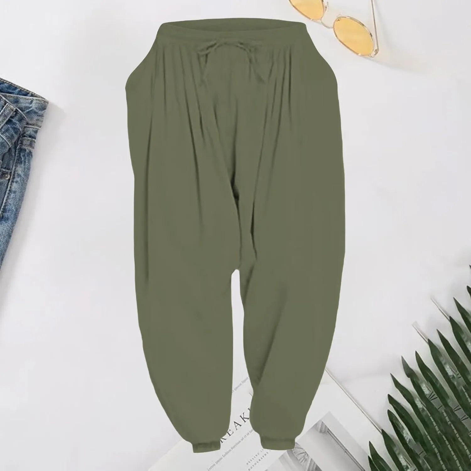Men's Linen Pants Plain Loose Fit Tapered Slacks Lightweight Vacation Pants Drawstring Waist Yoga Trousers for Summer