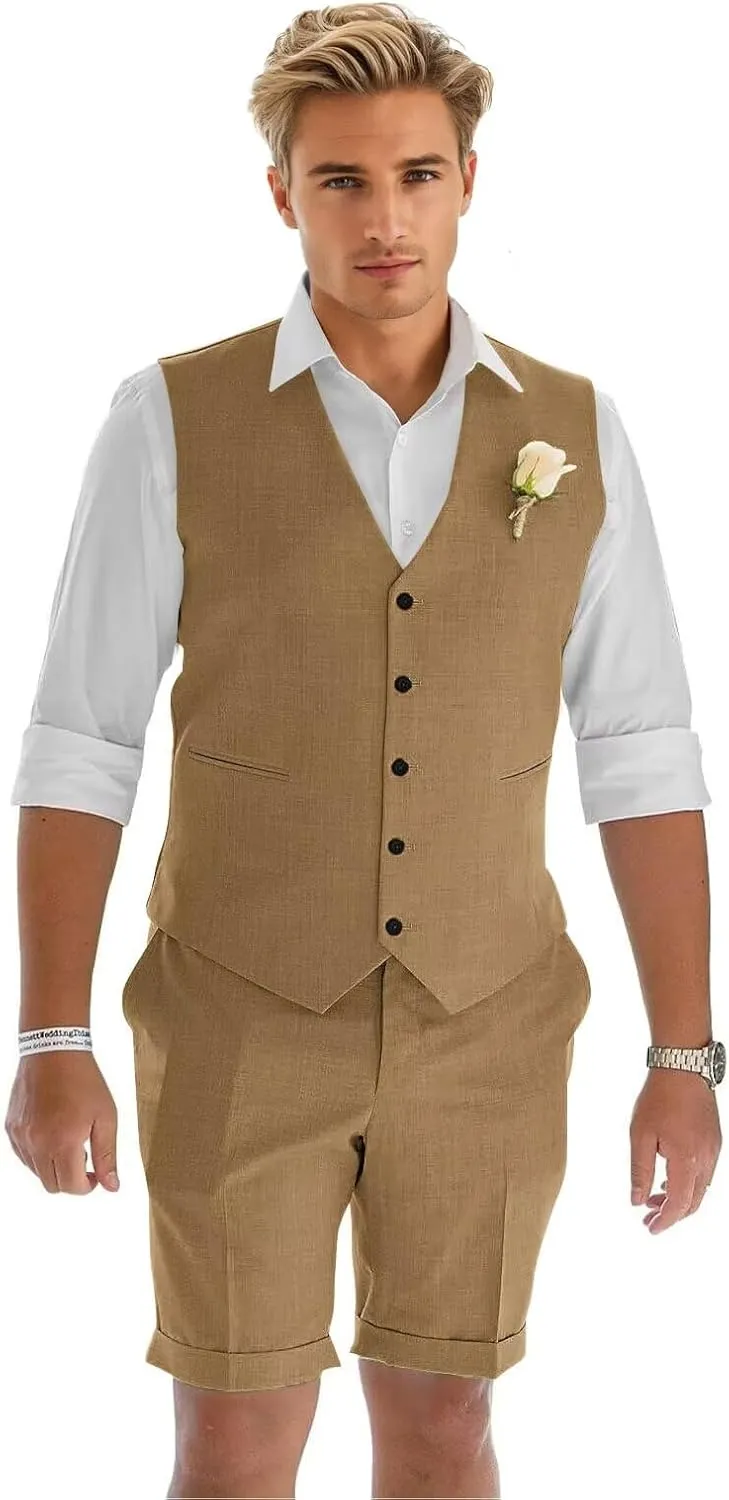 Men's Linen Suit 2 Piece Slim Fit Shorts Suits for Men Casual Summer Beach Wedding Vest Shorts Set