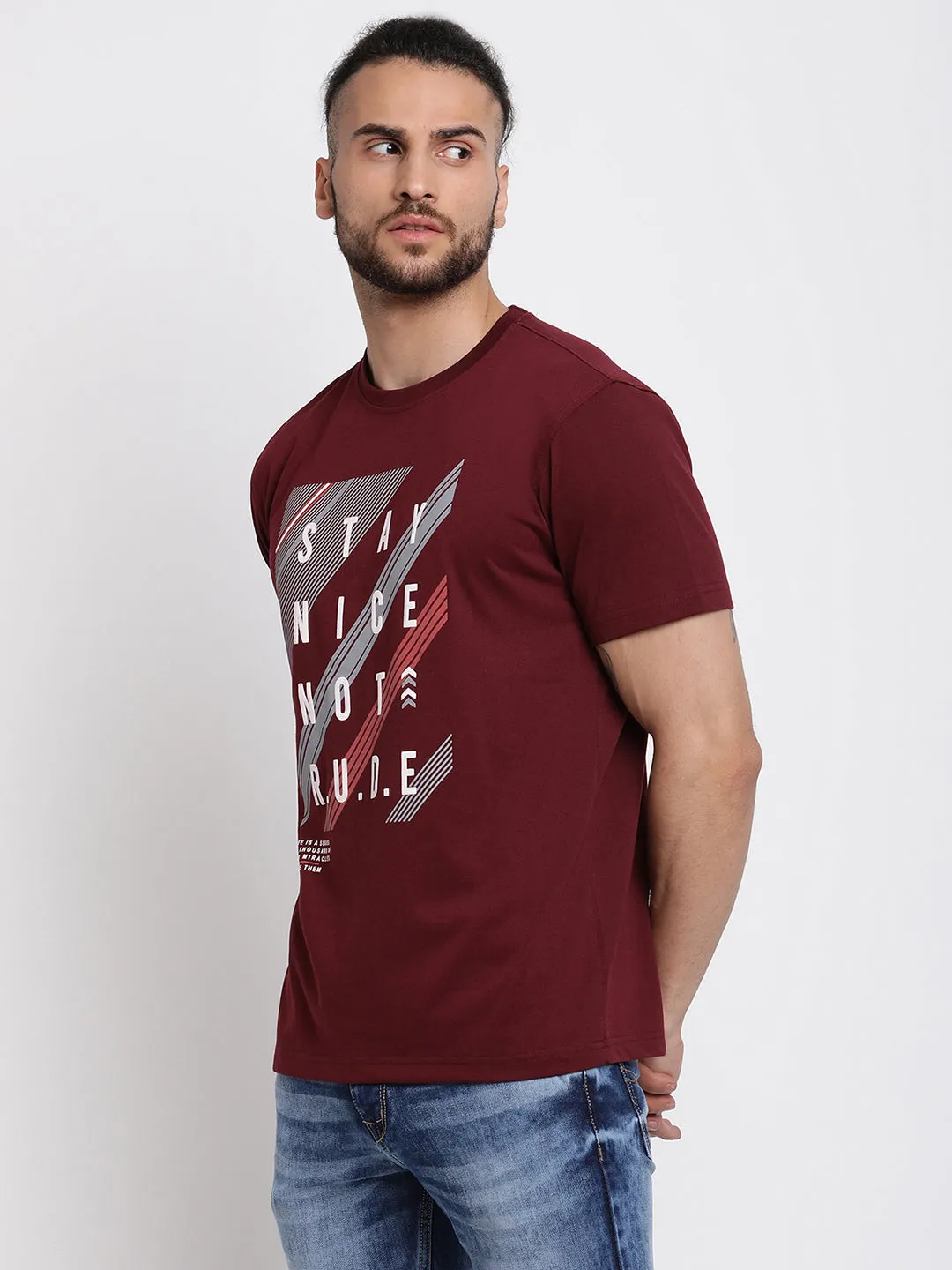 Men's Maroon  Round neck Half Sleeve T-Shirt with Print