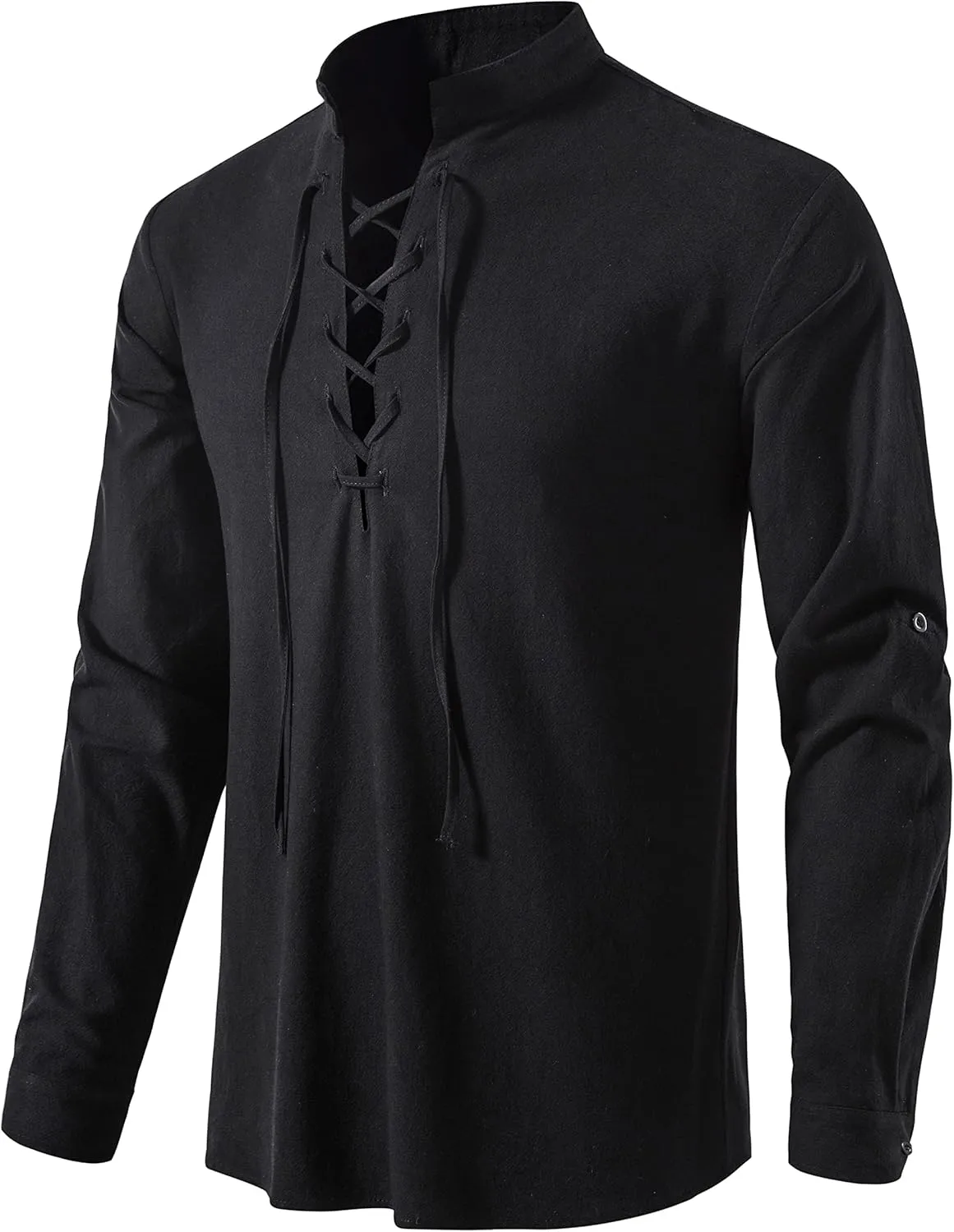 Men's Medieval Renaissance Viking Pirate Costume Long Sleeve Linen Shirt V Neck Lace Up Stand Collar Retro T-Shirt