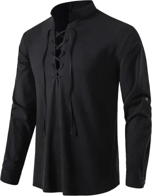 Men's Medieval Renaissance Viking Pirate Costume Long Sleeve Linen Shirt V Neck Lace Up Stand Collar Retro T-Shirt