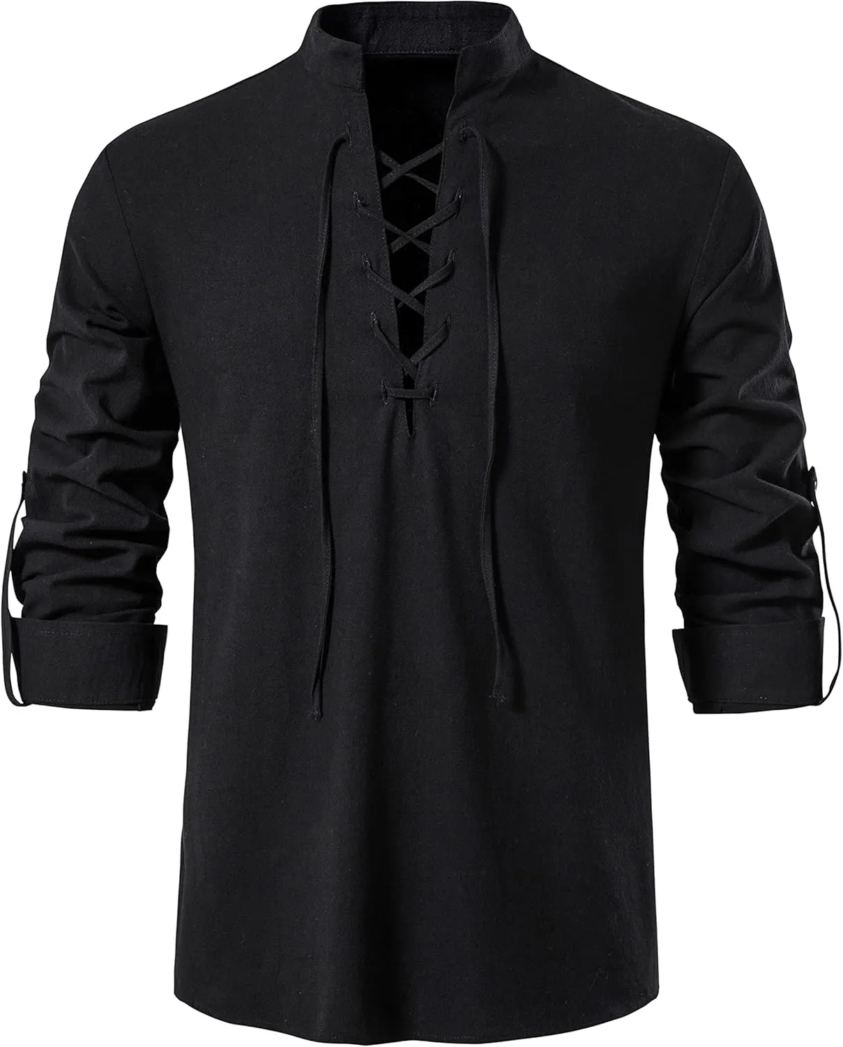Men's Medieval Renaissance Viking Pirate Costume Long Sleeve Linen Shirt V Neck Lace Up Stand Collar Retro T-Shirt
