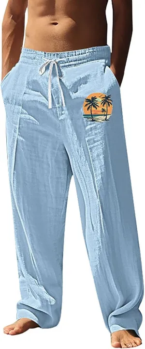 Mens Palm Tree Graphic Pants Sea Sun Beach Print Slacks Drawstring Waist Vacation Pants Lightweight Casual Trousers