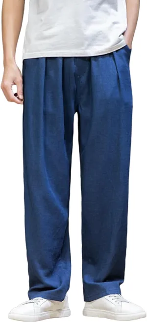 Mens Plus Size Linen Pants Loose Fit Casual Pants Summer Wide Legs Slacks Solid Drawstring Waist Trousers with Pocket
